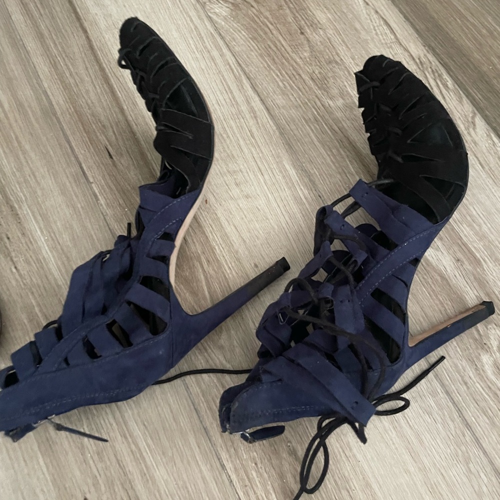 Zara navy and black suede tie up stiletto heels size 37